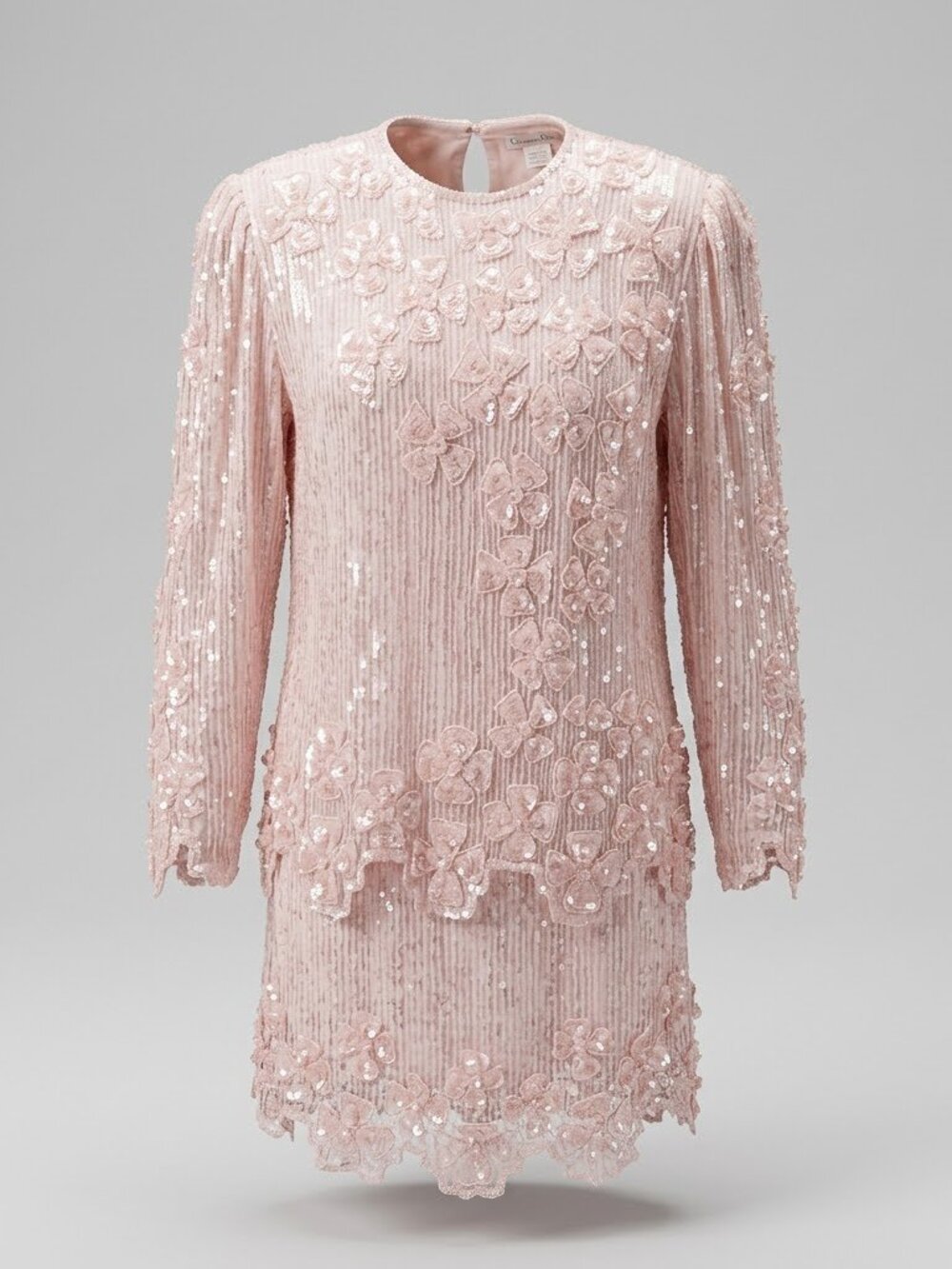 VTG Laurence Kazar New York Hand Beaded Silk 2 Piece Set Pink Sequin M